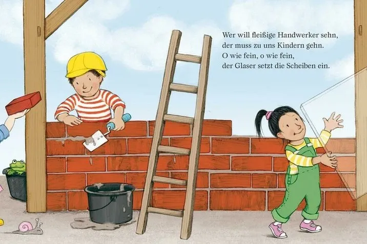 Eine Seite des Bilderbuches. Zwei Kinder arbeiten an einer Mauer. Ein weiteres Kind hält eine Glasscheibe in den Händen.
